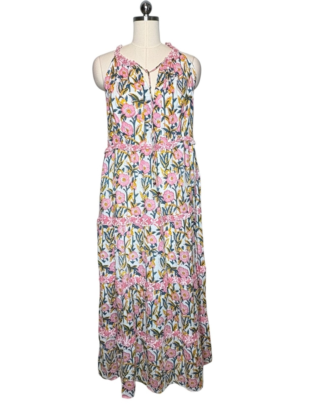 Caroline Constas White Pink Floral Ruffle Tiered Tassel Maxi Dress | M